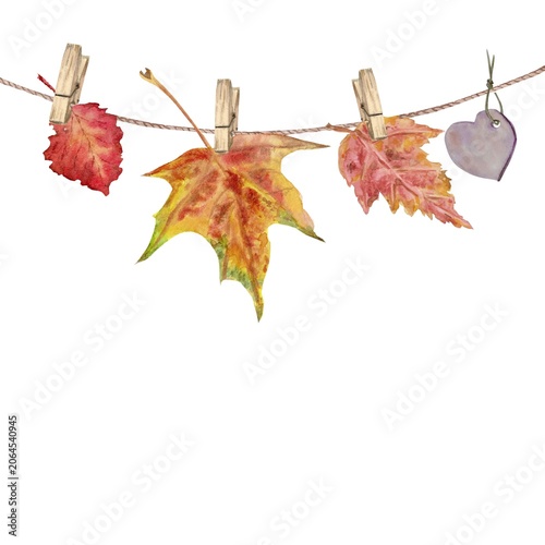 A hand-painted watercolor composition of autumn red, yellow, and orange leaves and a heart, suspended from clothespins on a string, against an isolated background. Simple clip art with space for text