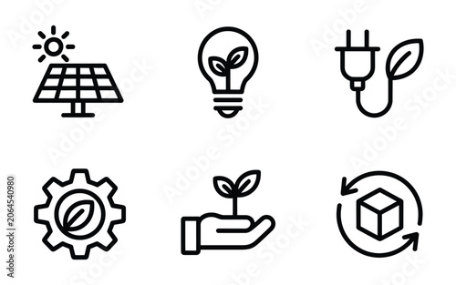 Linear icons collection showing solar panels lightbulb plug with leaf industrial gear growing plant and recycling box cube.