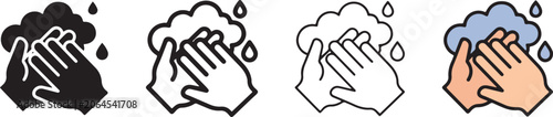Four illustrations of hands washing with soap and water
