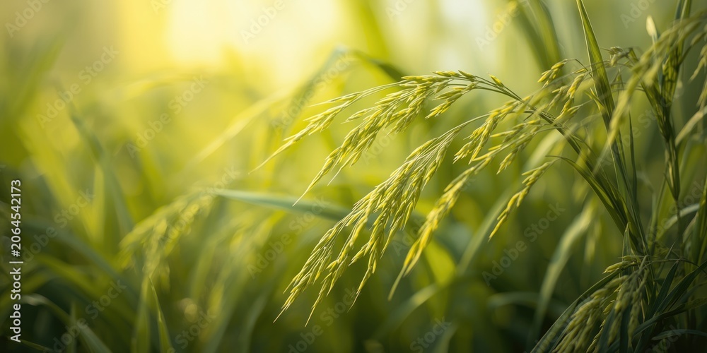 Obraz premium Rice cereal branches highlighted by vivid green leaf growth