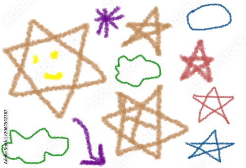 Children's Drawings Collection: A vibrant assortment of children's artistic expressions, featuring hand-drawn stars, clouds, and a cheerful smiley face, showcasing imagination and creativity.