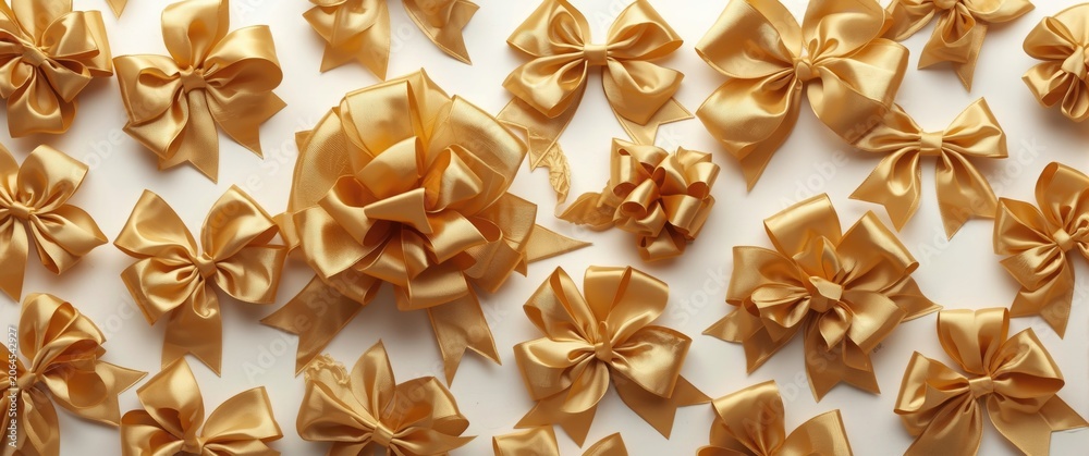 Fototapeta premium Group of golden satin bows in different designs and sizes isolated on white background suited for decorative and graphic projects