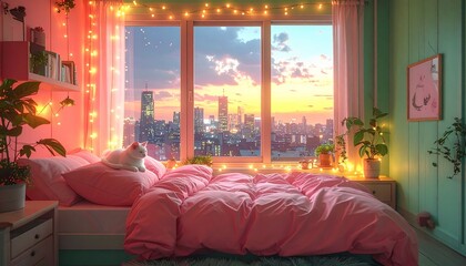 Cozy pastel pop bedroom at dusk with mint and pink walls, a white cat, fairy lights and a city view
