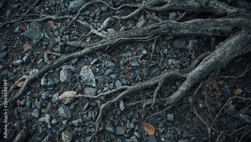 Fototapeta premium Tree roots among rocks and gravel on the ground