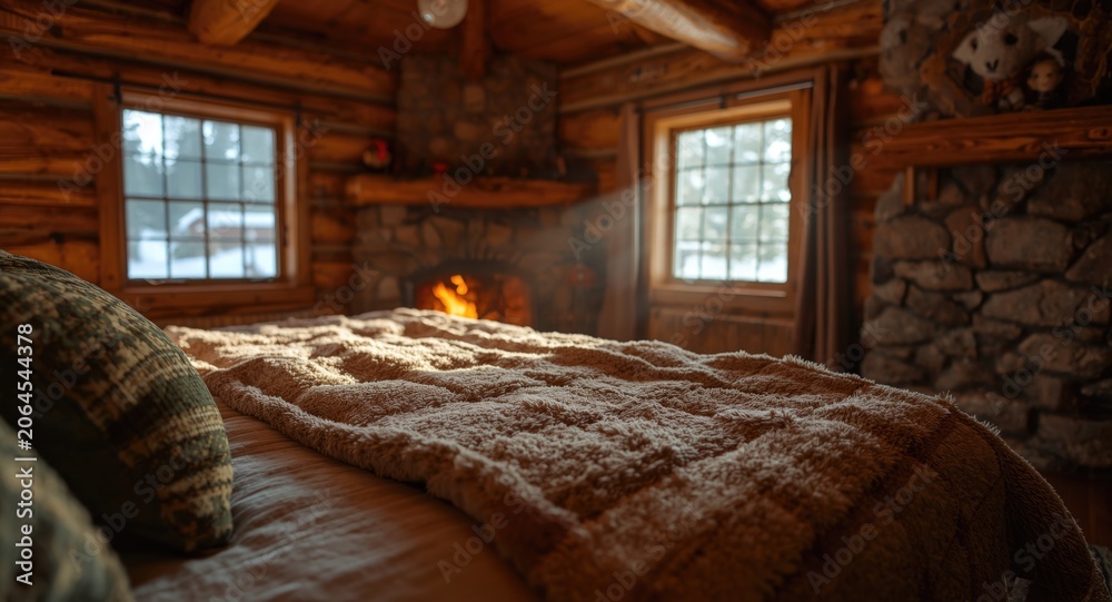 Obraz premium Warm blanket laid on bed in charming rustic log cabin bedroom