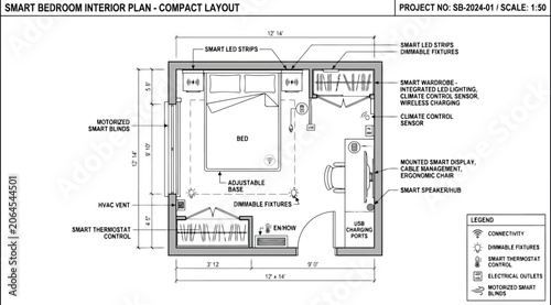 Foto Detailed interior plan of a compact smart bedroom with integrated smart technolo