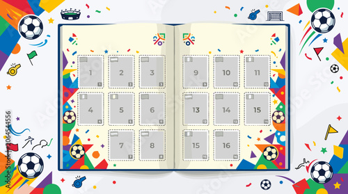Blank Sticker Album Pages with Soccer Theme Decorations and Empty Slots for Collectibles