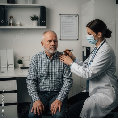 Doctor Examining Patient's Shoulder In Medical Office Consultation