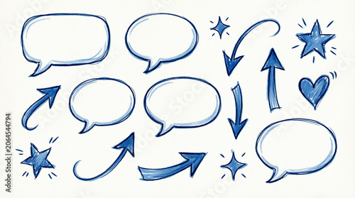 Set of blue hand drawn speech bubbles arrows stars and heart icons design.