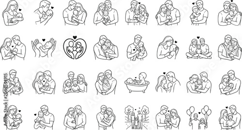 Fotografía Family Bonding and Newborn Care Illustration Collection Featuring Parents, Babie