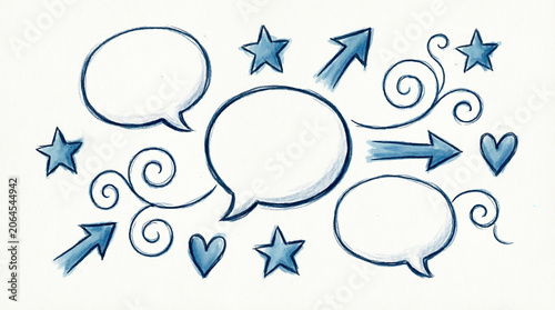 Set of blue hand drawn speech bubbles arrows hearts and stars elements.