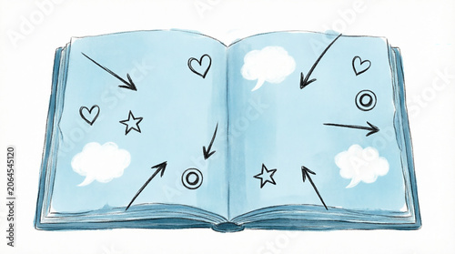 Open book with hand drawn symbols and arrows on blue pages.
