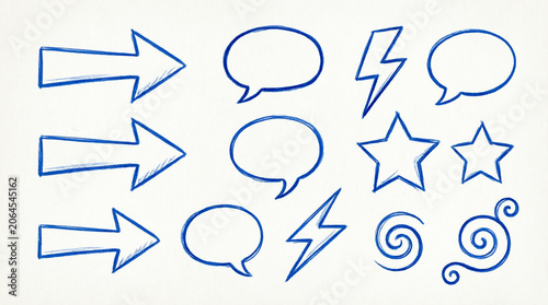 Blue hand drawn arrows speech bubbles stars and lightning bolts.