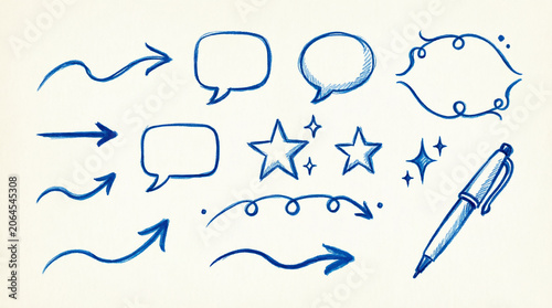 Hand drawn blue pencil sketches of arrows speech bubbles and a pen.