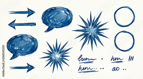 Abstract blue wash paint elements including stars bubbles and arrows.