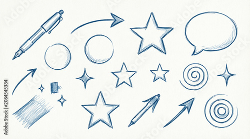 Collection of hand drawn design elements with pen on white background.