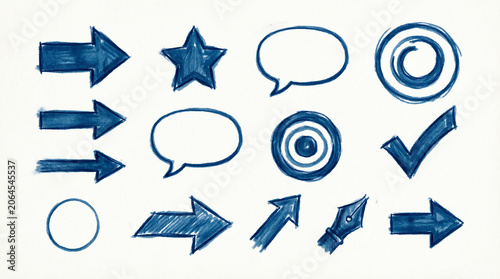 Set of hand-drawn blue infographic elements and symbols on white.