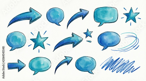 Watercolor style blue and turquoise hand drawn icons and symbols.