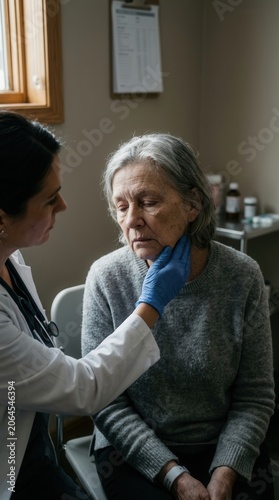 Doctor Examining Senior Woman's Neck During Medical Consultation