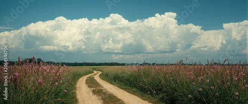 Panel kuchenny z motywem Dirt road winding through a flowering field under cloudy sky