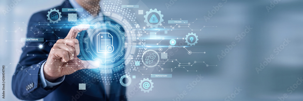Fototapeta premium Businessman Hand Holding Document Management and information networking data, secure digital records, file organization systems, workflow automation tools, cloud storage and data protection solutions