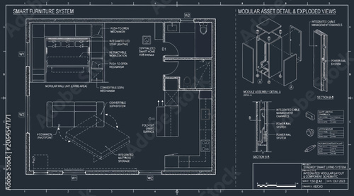 Foto Smart furniture system floor plan with modular unit details and exploded views