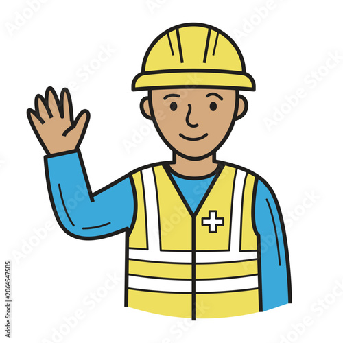 Friendly workplace safety officer in protective gear, essential element vector illustration