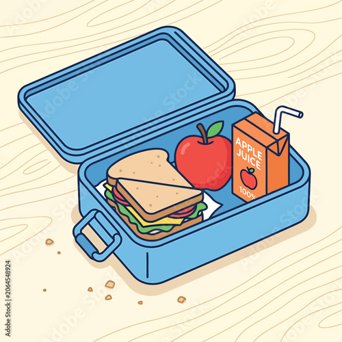 An Open Blue Lunchbox Containing A Fresh Sandwich An Apple And Juice