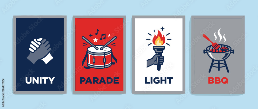 Fototapeta premium Vibrant icons representing unity, parade, light, and barbecue on colorful backgrounds
