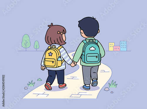 A Young Boy And Girl Walking Together To School Holding Each Other