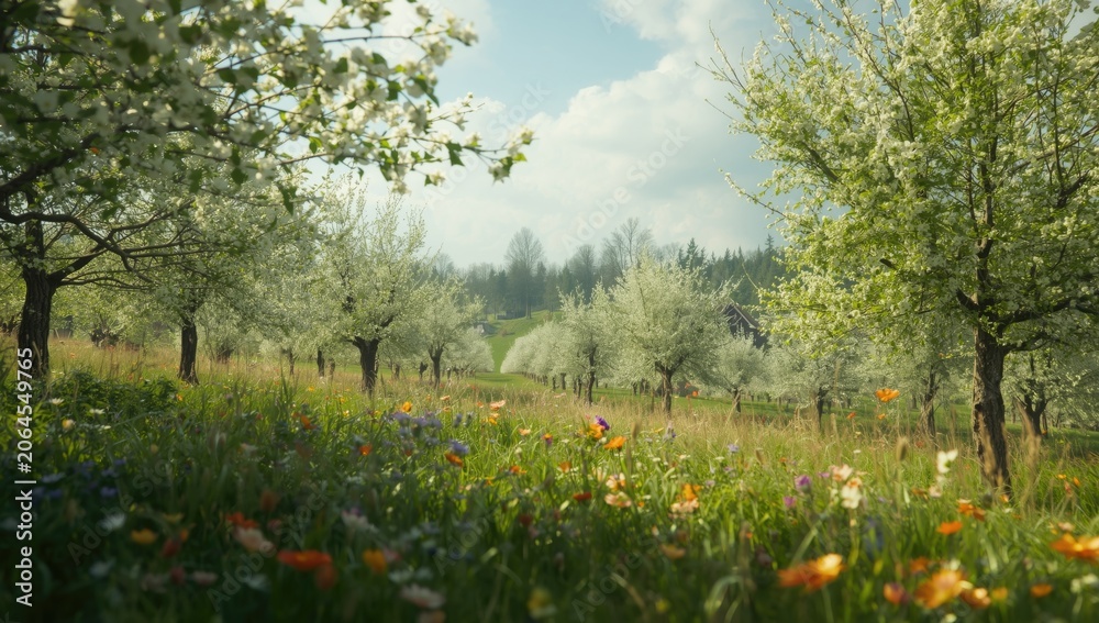 Obraz premium Springtime vista featuring flowering orchards and sprawling meadows