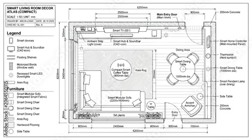 Bild auf Leinwand Architectural floor plan of a compact smart living room layout with furniture di