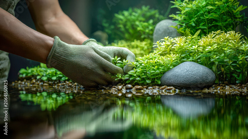 Hands care for plants in an aquarium surrounded by rocks and pebbles in a well-maintained aquatic setting