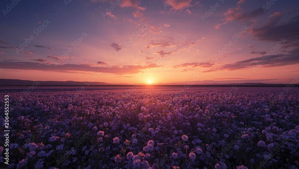 Fototapeta premium Serene sunset spreading soft hues over an extensive cosmos flower plain