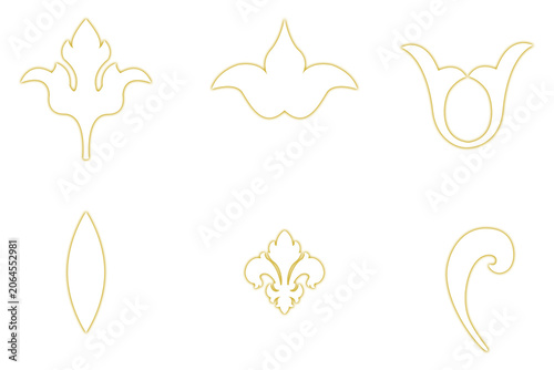 Set of six gold line art floral and leaf design elements in various shapes and styles for decoration and illustration  isolated on white background transparent background