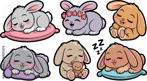 Canvas-taulu Cute Sleeping Bunny Cartoon Collection with Pillows, Teddy Bear and Dreamy Rabbi