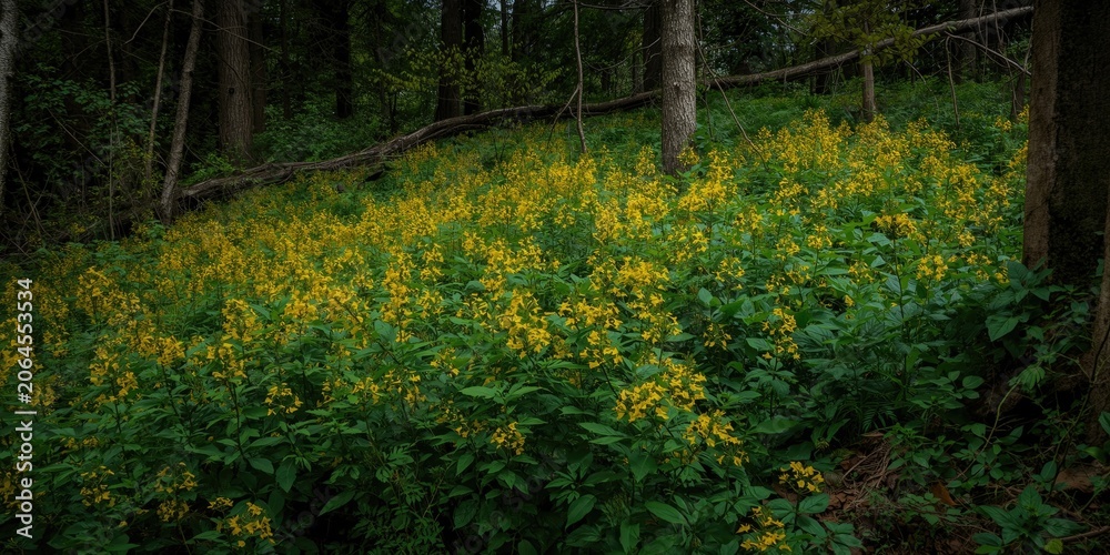 Obraz premium Yellow wildflowers blooming in a forested area