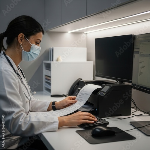 Doctor Working At Desk With Computer Monitor And Printer In Modern Examination Room Hospital
