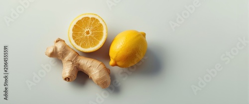 High angle shot of ginger and lemon alongside clear copy space