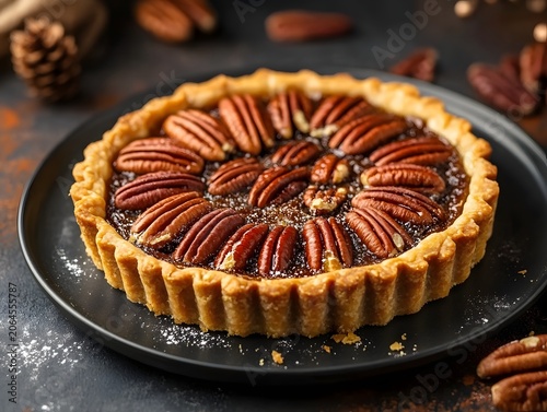 Close up of pecan pie on dark plate, showing intricate pecan arrangement and ruffled crust detail.