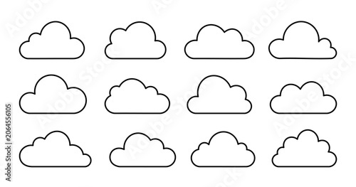 Cloud icons collection vector outlines, editable stroke thin line cloud shapes set