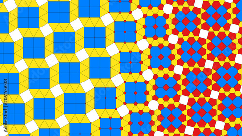 Colorful geometric tessellation background with blue squares yellow triangles and red polygon shapes