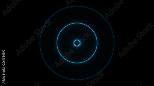 Blue neon glowing circles on black background. Abstract futuristic concentric rings. Vector illustration.