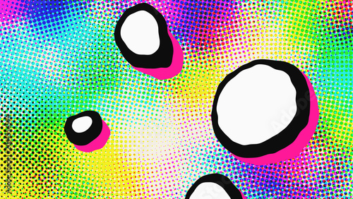 Retro pop art abstract background with vibrant halftone dots and floating white circles with pink shadows