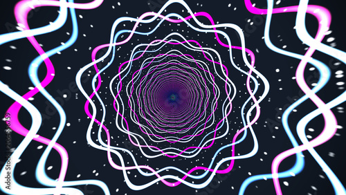 Abstract background with wavy lines, neon lights, glowing dots and neon circles, neon sign, 3d render.