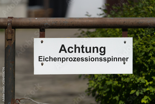Schild mit der deutschen Aufschrift Achtung Prozessionsspinner in einem Park in Magdeburg
