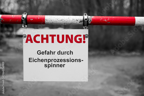 Schild mit der deutschen Aufschrift Achtung Gefahr durch Eichenprozessionsspinner
