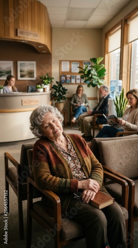 Elderly Woman Resting In A Doctor's Office Waiting Room Chairs