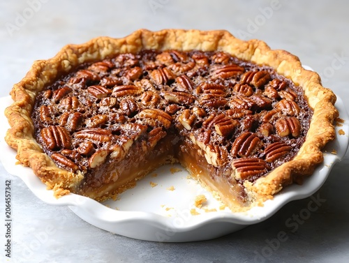 Close up view of homemade pecan pie with a slice removed showing its rich nutty filling.