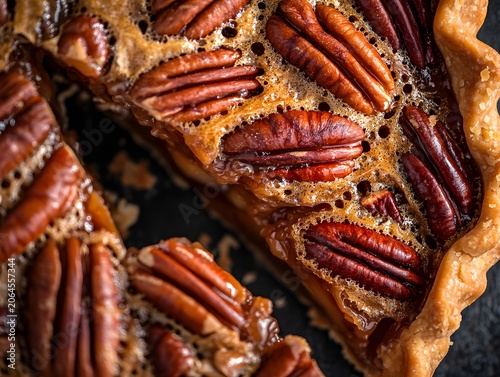 Close up view of golden pecan pie topping with toasted nuts and bubbly caramel syrup.